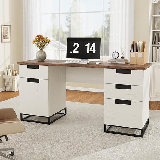 Garvee 59" Farmhouse Executive Desk, Home Office Desk with File Drawer and Storage Cabinet, Wooden Computer Table with 3 Drawers for Work and Study (Vintage)