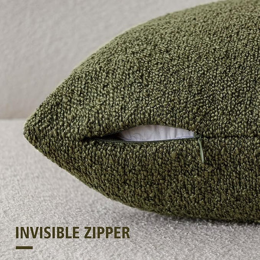 Foindtower Pack of 2, Decorative Textured Boucle Throw Pillow Covers Neutral Accent Solid Pillow Cases Cozy Soft Couch Cushion Case for Chair Sofa Bedroom Living Room Home Decor 22x22 Inch Moss Green