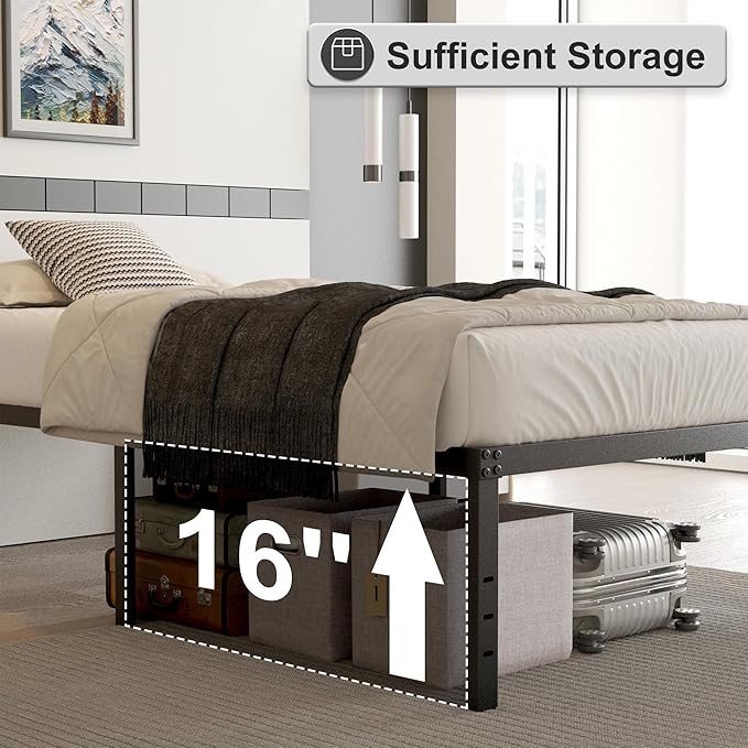 18 Inch Full Size Bed Frame with Black Bed Cover, Metal Bed Frame Full Size No Box Spring Needed, Heavy Duty Mattress Foundation, Easy Assembly, Noise Free