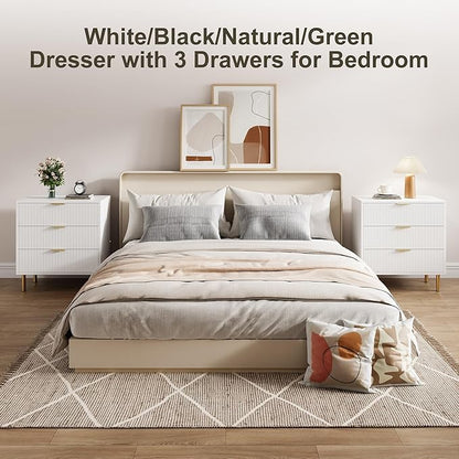 White Dresser, Modern 3 Drawer Dresser for Bedroom with Gold Handle and Large Drawer, Wood Double Chest of Drawers and Storage Organizer for Living Room, Hallway, Entryway