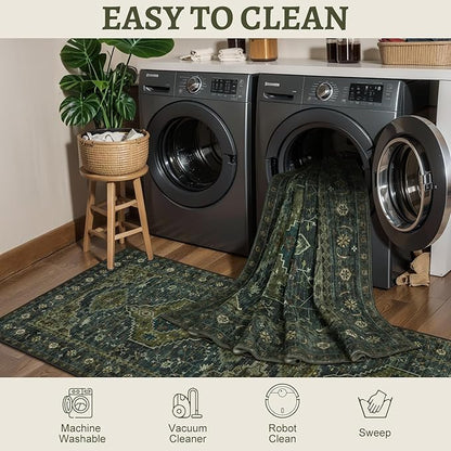 Tangsoo Washable Entryway Rugs Vintage Olive Green Rug 2x3 Non Slip Small Area Rug, Front Door Boho Rugs, Print Distressed Door Mat Indoor Entrance Soft Low Pile Throw Rug for Entry Kitchen Bedroom