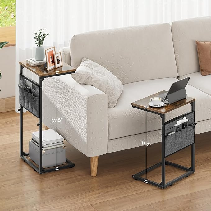 Vagusicc C Shaped End Table, 33'' Tall Side Table for Couch, Adjustable Height Small Couch Side Table for Small Spaces, End Table Slide Under Sofa Table TV Tray Table Arm Table for Living Room, Brown