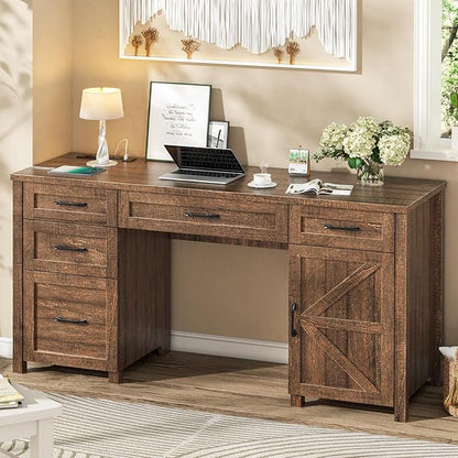 Farmhouse 61'' Executive Desk with 5 Drawers, Rustic Office Desk Computer Desk with Charging Station, File Drawers and Storage Cabinet, Wood Workstation for Study and Home Office, Red-Brown.