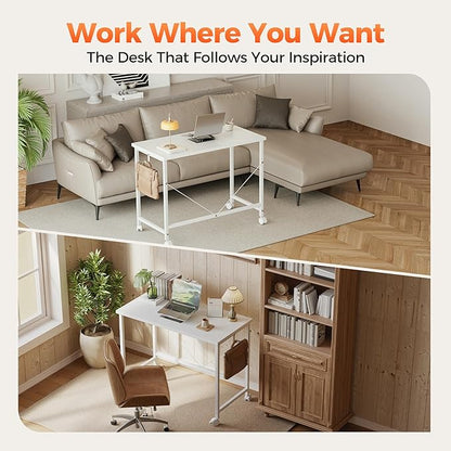 Rolling Computer Desk with Wheels, Gaming Desk for Small Spaces, Modern Simple Style Table for Home Office, Study Writing Table (Caster, White, 24 inch)