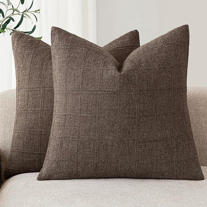 Foindtower Set of 2 Decorative Linen Check Throw Pillow Covers Neutral Farmhouse Vintage Cushion Covers Modern Boho Home Decor for Sofa Chair Couch Bedroom Living Room Outdoor,18×18 Inch,Dark Brown