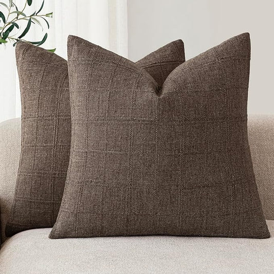Foindtower Set of 2 Decorative Linen Check Throw Pillow Covers Neutral Farmhouse Vintage Cushion Covers Modern Boho Home Decor for Sofa Chair Couch Bedroom Living Room Outdoor,18×18 Inch,Dark Brown