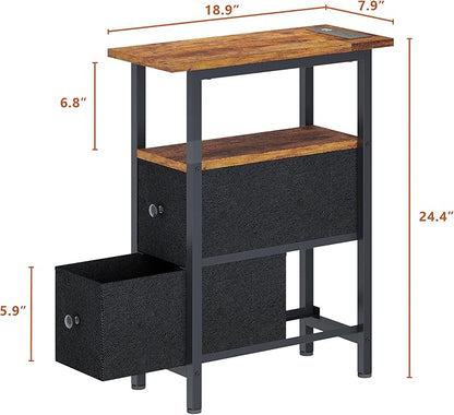 End Table with Charging Station, Narrow Side Table with 2 Fabric Drawers, Skinny Nightstand with LED Light, Slim Bedside Table for Bedroom, Living Room, Small Spaces, Rustic Brown and Black