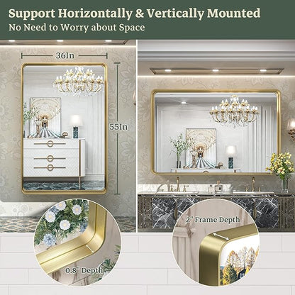 TokeShimi 55 x 36 Inch Brushed Gold Bathroom Mirror for Wall Vanity Mirror with Non-Rusting Aluminum Alloy Metal Frame for Modern Minimalist Farmhouse Home Decor (Horizontal/Vertical)