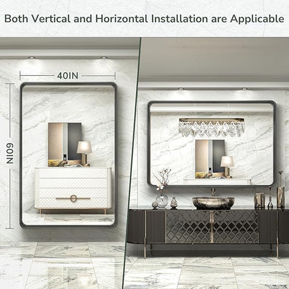 TokeShimi 60 x 40 Inch Black Bathroom Mirror for Wall with Non-Rusting Aluminum Alloy Metal Frame Rounded Corner Rectangle Mirror for Modern Farmhouse Home Decor Mirror(Horizontal/Vertical)