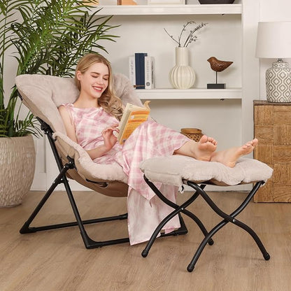 Comfy Saucer Chair for Adults, Soft Faux Fur Bedroom Chair with Ottoman, Accent Dorm Chairs, Living Room Reading Chairs and Footstool, Folding Lounge Seat for Teens, X-Large, Light Khaki
