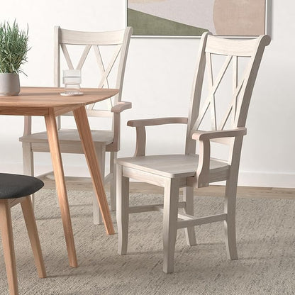 Solid Wood Double X-Back Dining Chair with Arms in Unfinished Parawood, Classic Kitchen/Dining Furniture, Stainable & Paintable, 23.6" W x 22" D x 41.3" H, Wide Arm Width, Traditional & Durable