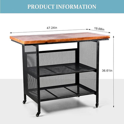 Rustic 3-Tiered Serving Cart with Casters Vintage Rolling Bar Cart for Kitchen Living Room Industrial Mobile Barbecue Cart for Outdoor&Indoor 47.2 * 19.7 * 36.6in L*W*H