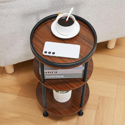 Side Table, Small Round Side Table for Small Spaces, 3-Tier Round Accent Table Slim Side Table, Modern Sofa End Table Corner Table for Living Room Bedroom Nightstand (Classic, Cherry)