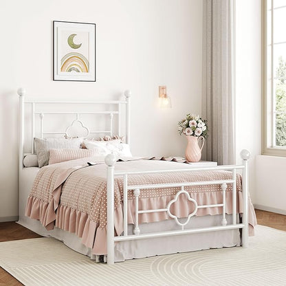SHA CERLIN 14 Inches Twin Size Metal Platform Bed Frame/Vintage Iron-Art Headboard and Footboard/Mattress Foundation for Storage/No Box Spring Needed/Noise-Free/Easy Assembly/White