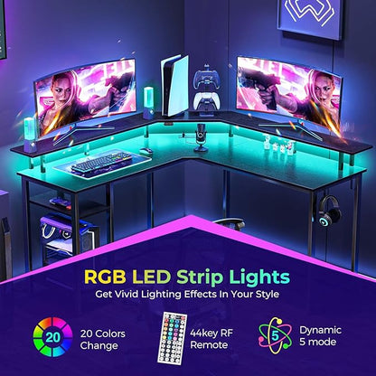 Rolanstar L Shaped Gaming Desk with LED Lights & Power Outlets, 53" Computer Desk with Full Monitor Stand & Storage Shelf, Corner Desk with Hooks, Carbon Fiber Desk Reversible
