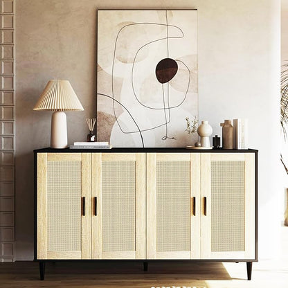 Black Buffet Sideboard,Kitchen Storage Cabinet with 4 Rattan Decorated Doors,Coffee Bar Cabinet with Adjustable Shelves for Living Room,Hallway