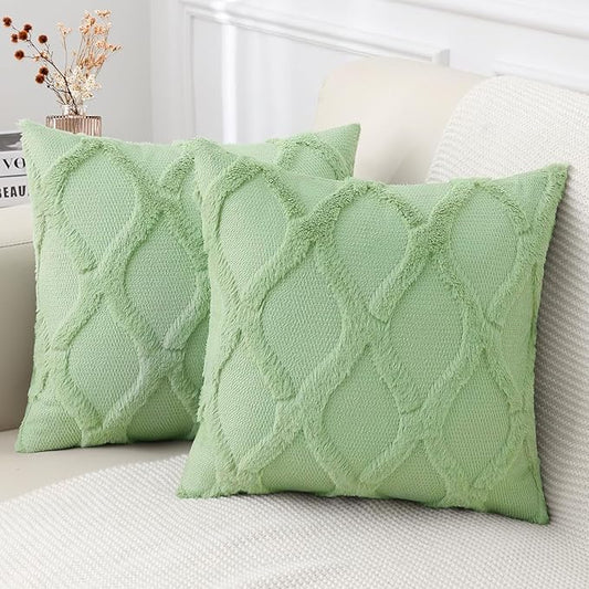 decorUhome Throw Pillow Covers 22x22 Inch Set of 2, Soft Plush Faux Fur Wool Sage Green Couch Pillow Covers, Decorative Neutral Pillow Cases for Bed Sofa Living Room Home Decor