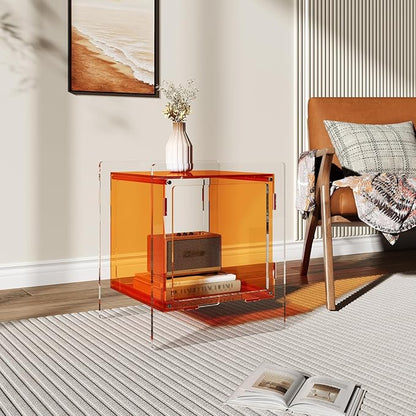 Acrylic End Table, Side Table Nightstand with Open Storage Shelf, 2-Tier Bedside Table Home Decor Display for Bedroom, Living Room, Office (1, Orange)
