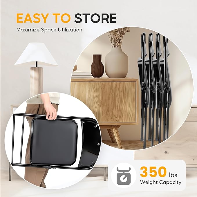 HealSmart Folding Chairs 4 Pcs with Leather Padded Cushion Seats, Back & Sturdy Metal Frame, Stackable, Portable, Commercial Event Seat, Indoor Outdoor for Parties, Home Event, Office, Black