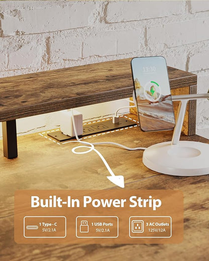 Electric Height Adjustable Standing Desk with Power Outlet and LED Light Strip, Sit to Stand, Ergonomic 48x24 Rising Desk with Memory Presets, Home Office Workstation, Computer Gaming Table, Brown