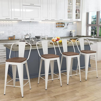 Yongqiang 30 inch Bar Stools Set of 4 Farmhouse Bar Height Stools High Back Kitchen Bar Chairs Cream White Metal Barstools with Large Wooden Seat