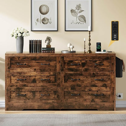 YITAHOME Rustic Brown Drawers TV Stand for 65 inches with Power Outlets -Chest of Drawers Dresser with Side Organizer Bag Entertainment Center TV Console