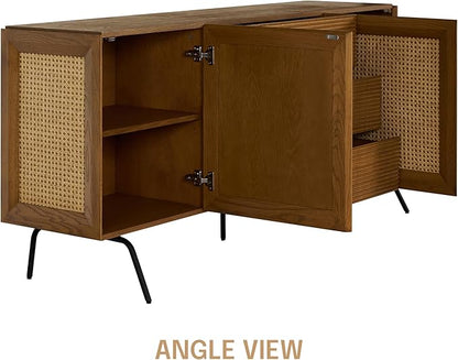 NTC MOSSIC Sideboard with 2 Doors and 3 Drawers, Buffet Cabinet with Natural Rattan and Metal Legs, Modern Storage Cabinet for Living Room, and Hallway, Effortless Assembly - Rustic Oak