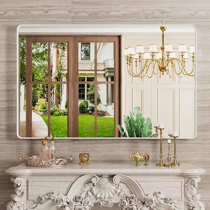 White Bathroom Mirror 48x30 Inch, White Metal Framed Bathroom Mirror for Wall, Rounded Rectangle Matte Bathroom Vanity Mirror, Tempered Glass, Anti-Rust, Horizontal/Vertical