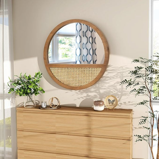 Rattan Round Mirror, 24 Inch Wall Mirror for Living Room Decor, Wooden Framed, Vintage Hanging Mirror, Hand-Woven for Wall Art Decoration