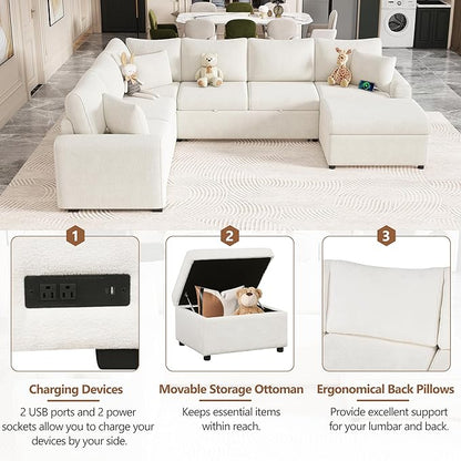 112" Luxurious Pull-out Sofa Bed Sleeper with Storage Ottoman,Sectional Sleeper Couch W/ 3 Pillows,2 USB ports & 2 Power Sockets,Corner Furniture Set for Living Room Large Space,Cream Chenille