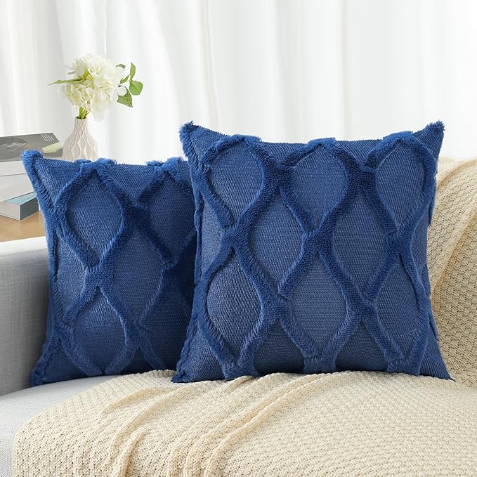 decorUhome Throw Pillow Covers 18x18 Inch Set of 2, Soft Plush Faux Fur Wool Dark Blue Couch Pillow Covers, Decorative Neutral Pillow Cases for Bed Sofa Living Room Home Decor