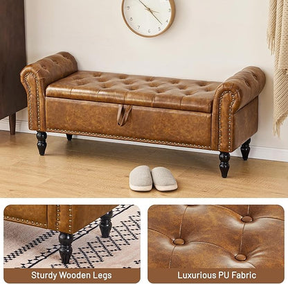 Furniliving Storage Ottoman Bench, Leather Benches End of Bed Bench with Solid Wood Legs Upholstered Ottoman Bench with Storage Indoor Bench for Living Room with Rolled Arm, Entryway, YellowBrown