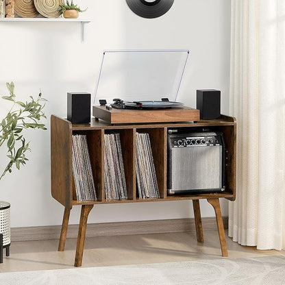 Lerliuo Record Player Stand with 4 Cabinet Holds Up to 220 Albums, Large Turntable Stand with Beech Wood Legs, Mid-Century Record Player Table,Brown Vinyl Holder Storage Shelf for Bedroom Living Room
