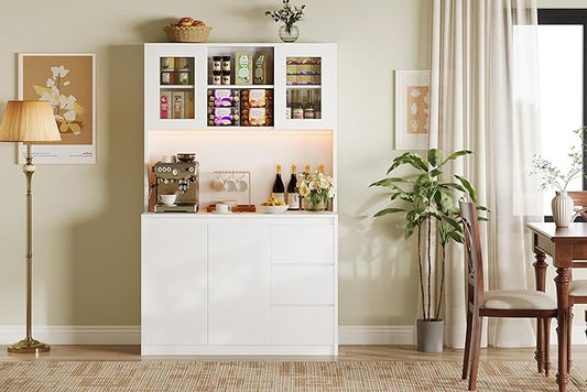 Garvee Kitchen Pantry Cabinet,71" Tall Storage Cabinet with Doors and Shelves Adjustable,Kitchen Storage Hutch with Microwave Shelf, Led Lights and Charging Station,Corner Pantry Cabinet,White