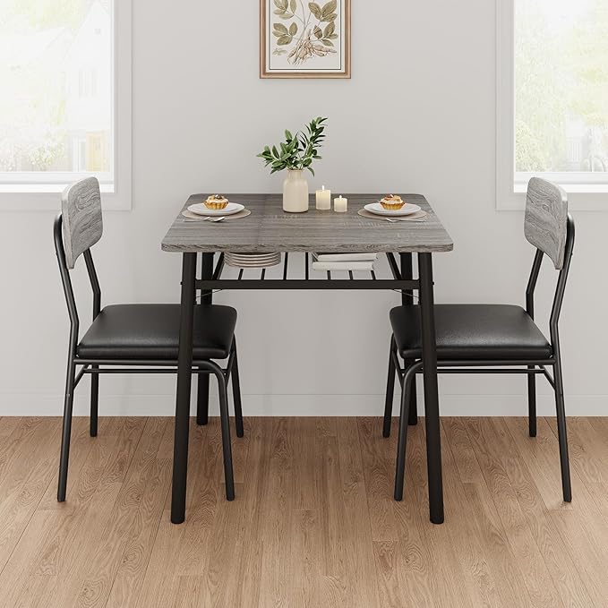 GarveeHome Dining Table for 2 with Storage Rack, Small Kitchen Table for 2 with Metal Frame, Square Table with Upholstered Chairs Set of 2, 3-Piece Dining Room Set for Small Space, Apartment, Gray