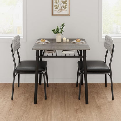 GarveeHome Dining Table for 2 with Storage Rack, Small Kitchen Table for 2 with Metal Frame, Square Table with Upholstered Chairs Set of 2, 3-Piece Dining Room Set for Small Space, Apartment, Gray