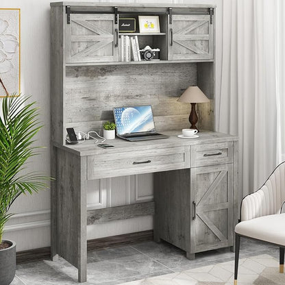 Farmhouse 47" Executive Desk, Computer Desk with Drawers and Storage Cabinet, Workstation with Hutch for Home Office