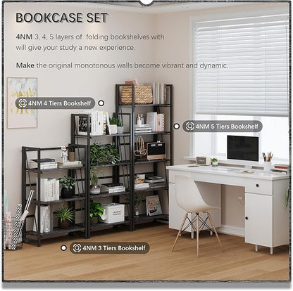 4NM No-Assembly Folding Bookshelf Storage Shelves 3 Tiers Vintage Bookcase Standing Racks Study Organizer Home Office (Gray Black)