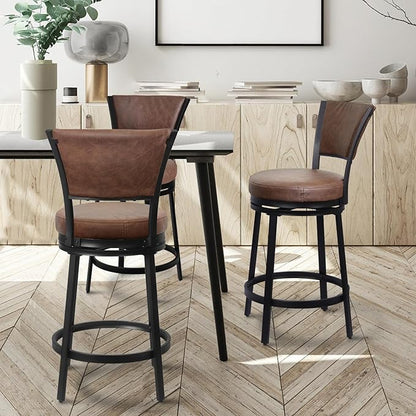Bar Stools, Counter Height Barstools Set of 2, 25" Faux Leather Metal Round Swivel Bar Chairs with Back, Modern Upholstered Counter Stools for Kitchen Island, Brown