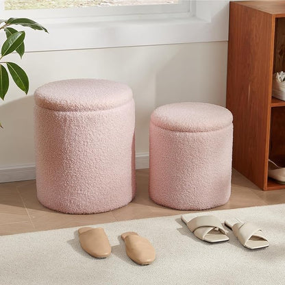 Boucle Round Ottoman with Storage Set of 2,Small Foot Stool Ottoman for Living Room, Small Coffee Table,Vanity Stool with Storage for Bedroom, Pink