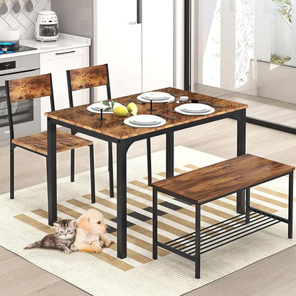 SogesHome Kitchen Table Set for 4, Compact Dining Table Chair Set with Bench, Built-in Storage Racks, Metal Frame, for Apartment, Restaurant, Vintage Brown