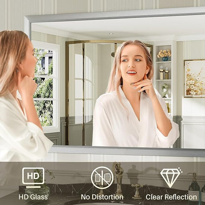 48x32 Inch Silver Bathroom Mirror for Wall, Thick Metal Framed Rectangle Mirrors for Over Sink, Bedroom, Living Room, Entryway, Anti-Rust, HD Tempered Glass
