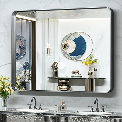 TokeShimi 48x40 Inch Wall Mirror Black Bathroom Vanity Mirror with Metal Frame Aluminum Alloy Soft Rounded Corner for Modern Farmhouse Wall Decor 1”Deep Set Design (Horizontal/Vertical)
