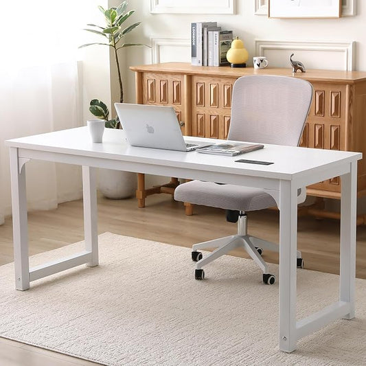 Large Computer Desk - 63 Inch Home Office Desks Study Student Writing Table Gaming Desk Wood Modern Simple Table with USB Ports, White