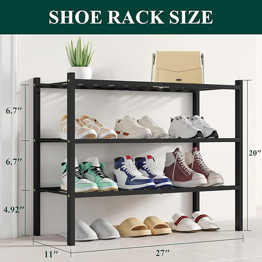 Smiry Shoe Rack, 3 Tier Bamboo Shoe Organizer, Stackable Free Standing Wooden Shoe Storage Shelf for Closet, Entryway, Front Door Entrance, Black
