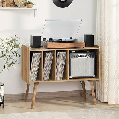 Lerliuo Record Player Stand with 4 Cabinet Holds Up to 220 Albums, Large Turntable Stand with Beech Wood Legs, Mid-Century Record Player Table