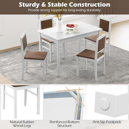 Giantex 5-Piece Dining Table Set for 4 - Breakfast Nook Table Set with Kitchen Table, 4 Upholstered Chairs, Wood Legs, Space-Saving Dinette Set, Kitchen Table Chairs Set of 4 (White+Brown)