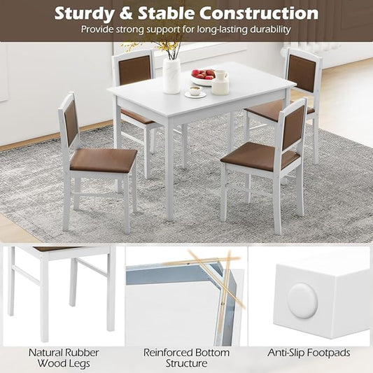 Giantex 5-Piece Dining Table Set for 4 - Breakfast Nook Table Set with Kitchen Table, 4 Upholstered Chairs, Wood Legs, Space-Saving Dinette Set, Kitchen Table Chairs Set of 4 (White+Brown)