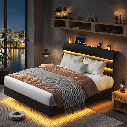 Feonase Floating Bed Frame Full with Led Lights and Charging Station, Wood Full Size Bed Frame with Storage Headboard, Heavy Duty Metal Slats, No Box Spring Needed, Easy Assembly, Noise-Free, Black