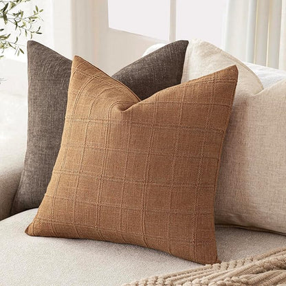 Foindtower Set of 2 Decorative Linen Check Throw Pillow Covers Neutral Farmhouse Vintage Cushion Covers Modern Boho Home Decor for Sofa Chair Couch Bedroom Living Room Outdoor,18×18 Inch,Brick